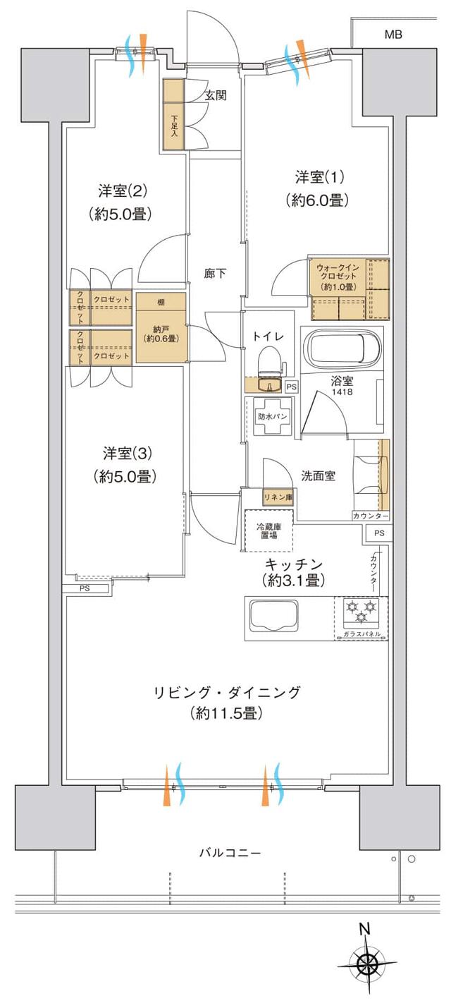 ブランシエラ宇都宮 駅東公園前の間取り図　C：3LDK+WIC+N