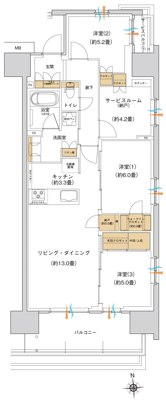 ブランシエラ宇都宮 駅東公園前の間取り図　F(2～13階)：3LDK+S(納戸)+WIC+N