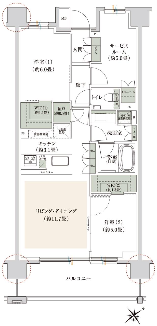 プライム横浜の間取り図　H-D2：2LDK+S+2WIC+N