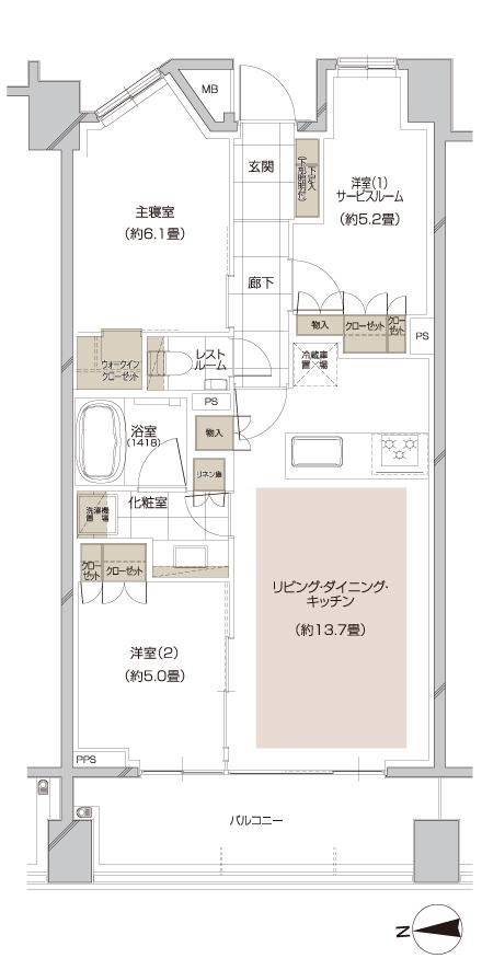 ピアース宮前平レジデンスの間取り図　D：2LDK+S