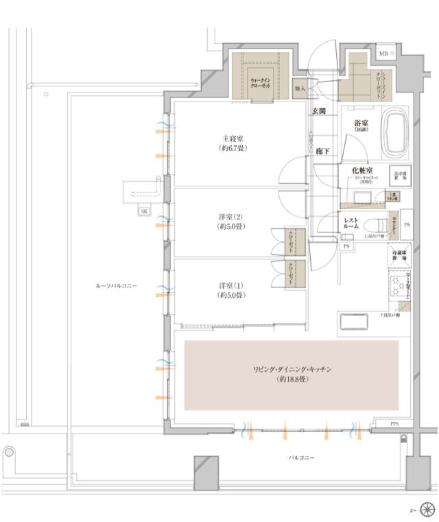 ピアース宮前平レジデンスの間取り図　P：3LDK+WIC+SIC