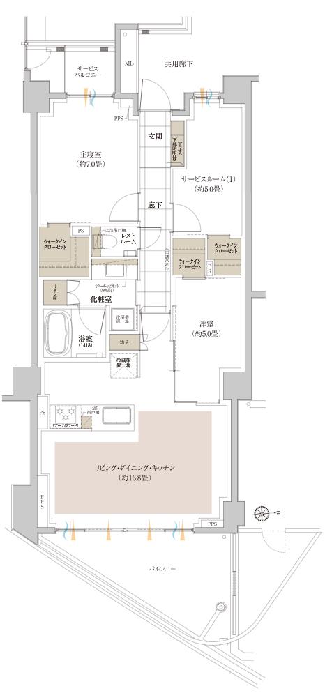 ピアース宮前平レジデンスの間取り図　I：2LDK+S+3WIC
