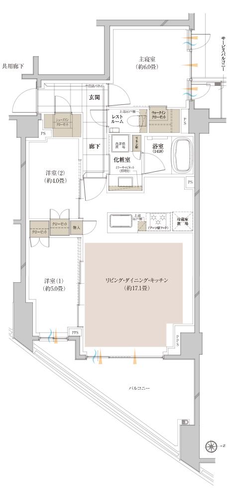 ピアース宮前平レジデンスの間取り図　J：3LDK+WIC+SIC