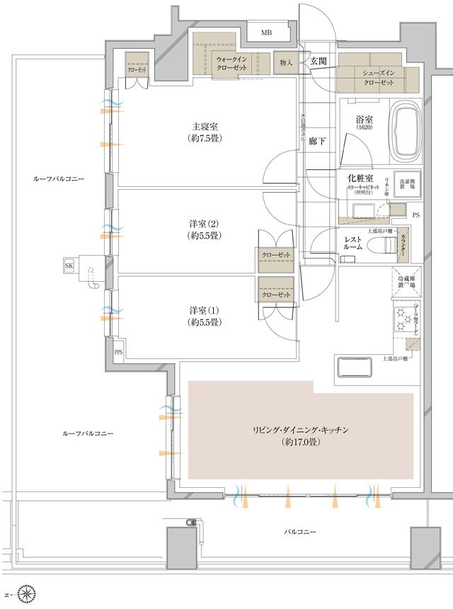ピアース宮前平レジデンスの間取り図　R：3LDK+WIC+SIC