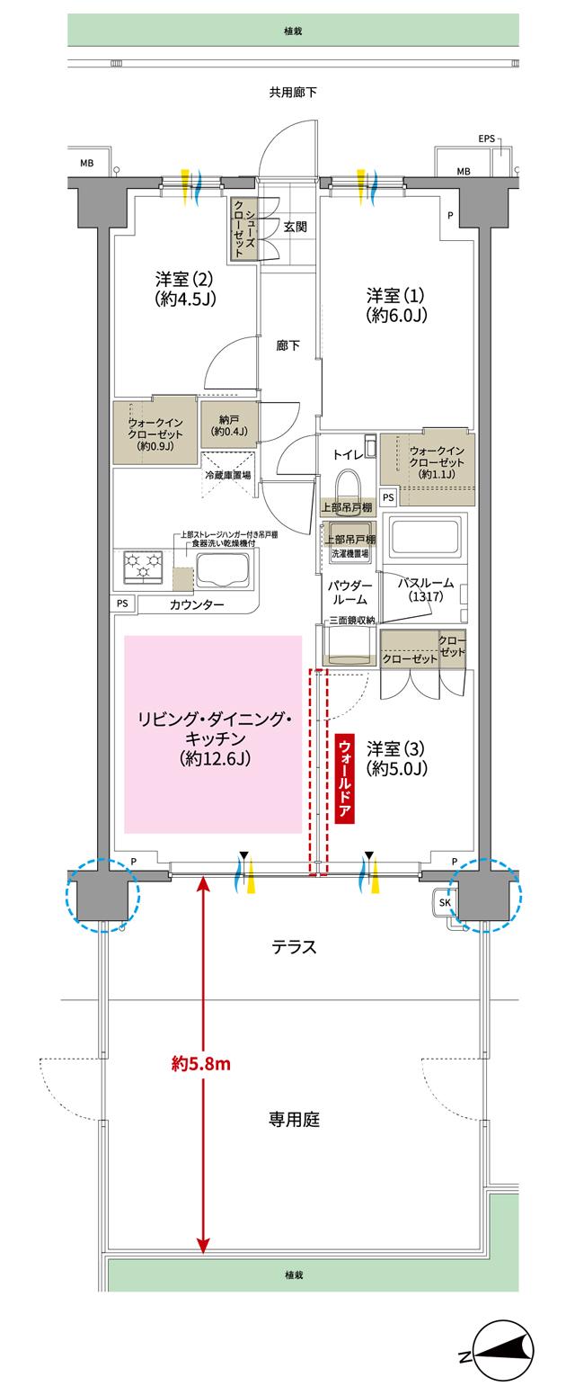 ガーラ・レジデンス松戸の間取り図　G1g：3LDK+2WIC+N