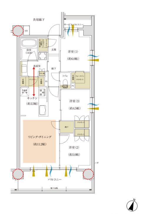 パークナード海老名さがみ野の間取り図　G：3LDK+WIC+N+PN+SIC