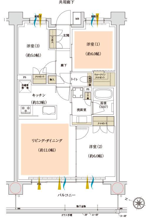 パークナード海老名さがみ野の間取り図　B：3LDK+WIC