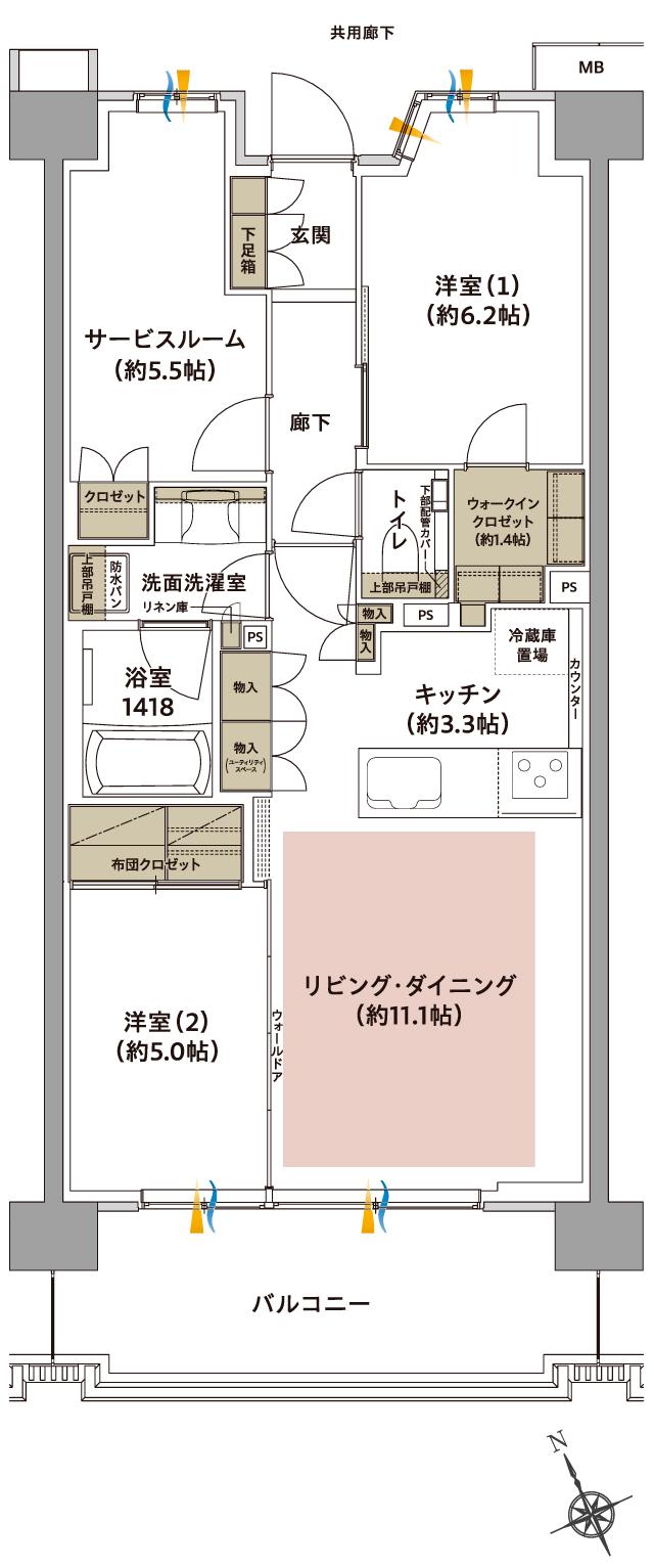 ジオ武蔵小金井の間取り図　D4(1～5F)：2LDK+S+WIC