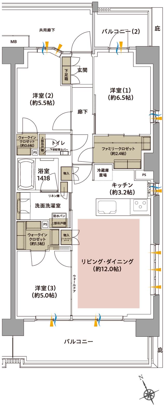 ジオ武蔵小金井の間取り図　F(6・7F)：3LDK+2WIC+FC