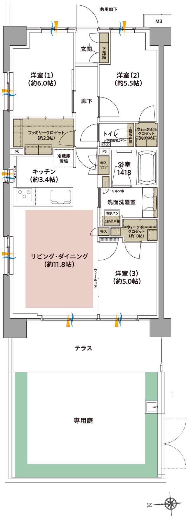 ジオ武蔵小金井の間取り図　Gg：3LDK+2WIC+FC