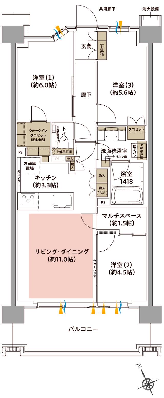 ジオ武蔵小金井の間取り図　C5(6・7F)：3LDK+WIC