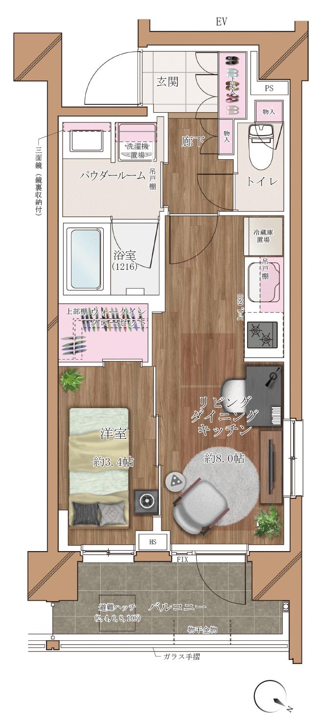 ヴァースクレイシアIDZ千葉の間取り図　D：1LDK+WIC