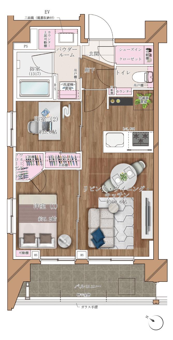 ヴァースクレイシアIDZ千葉の間取り図　A：2LDK+WIC+SIC