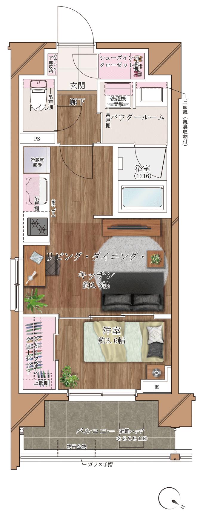 ヴァースクレイシアIDZ千葉の間取り図　C：1LDK+WIC+SIC