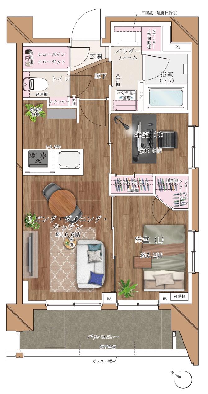 ヴァースクレイシアIDZ千葉の間取り図　B：2LDK+WIC+SIC