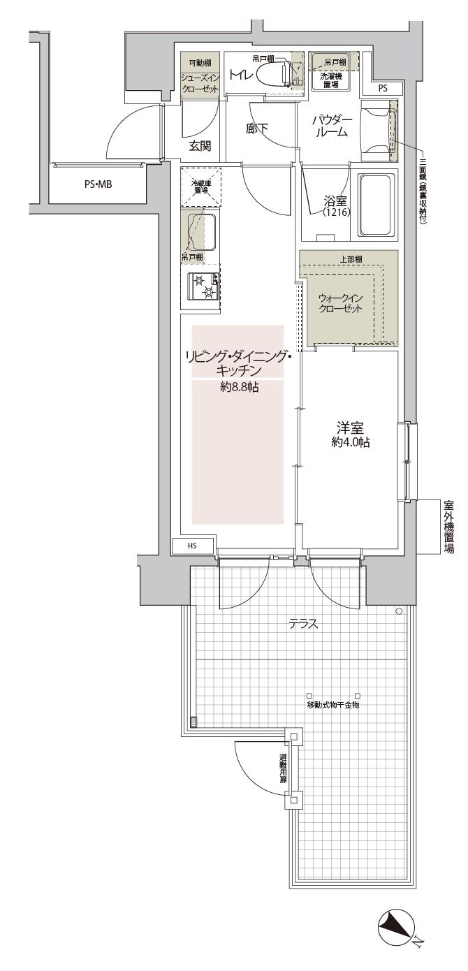 ヴァースクレイシアIDZ千葉の間取り図　E：1LDK+WIC+SIC
