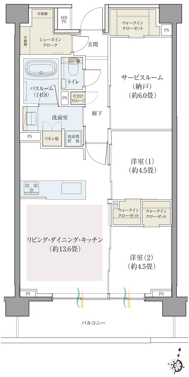 クリオ西横浜セントラルマークスの間取り図　E：2LDK+S+3WIC+SIC