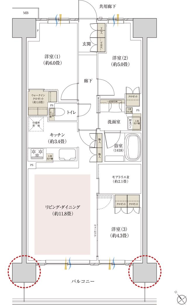 リビオ川崎鹿島田テラスの間取り図　C1：3LDK+モアトリエR+WIC