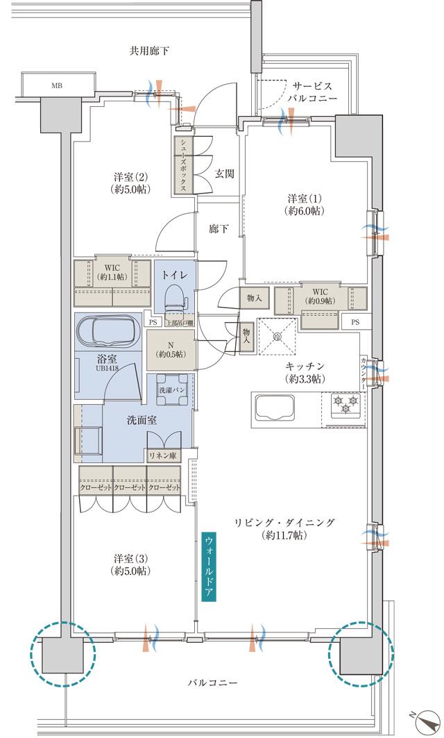 プレディア南橋本の間取り図　E：3LDK+2WIC+N