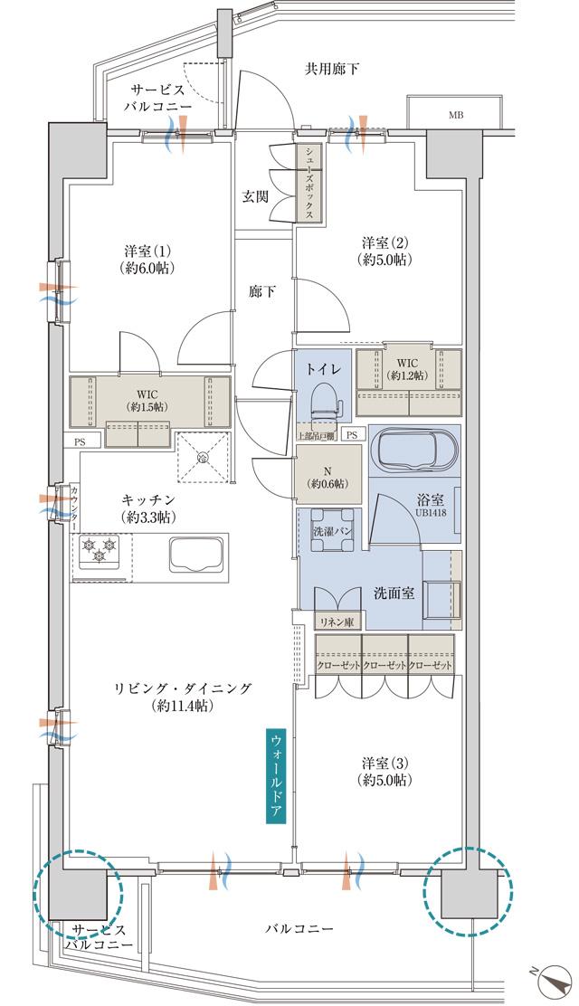 プレディア南橋本の間取り図　D：3LDK+2WIC+N