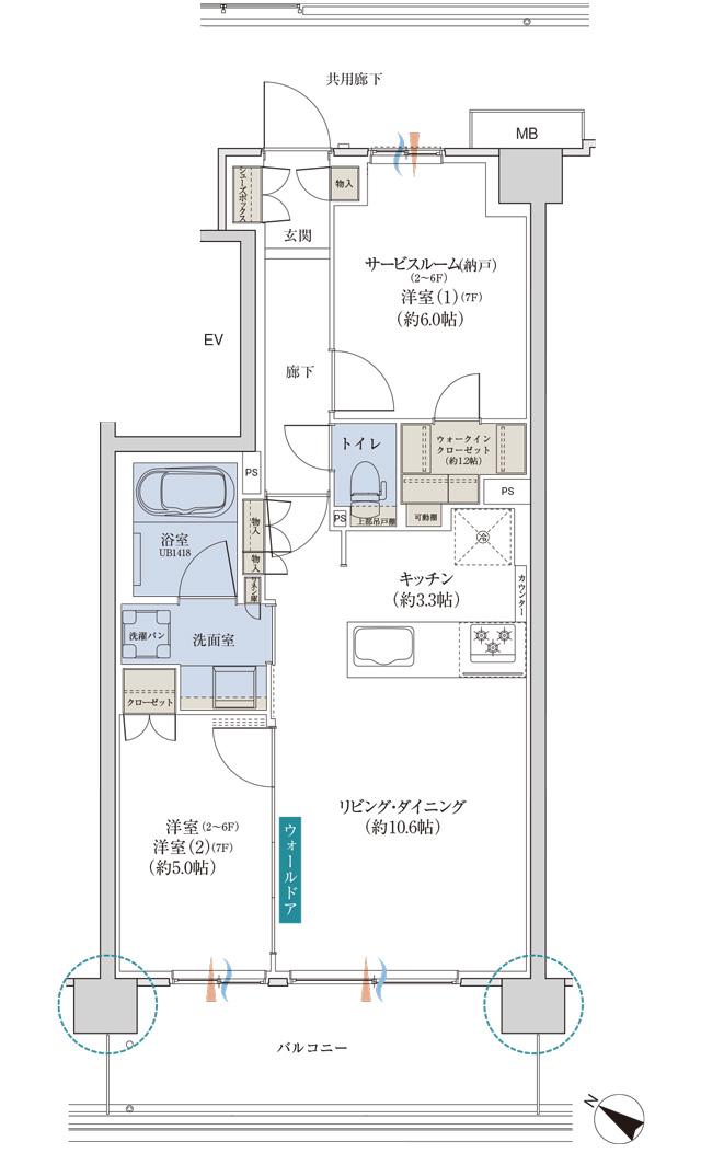 プレディア南橋本の間取り図　C2(2～6F)：1LDK＋S+WIC