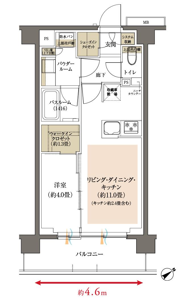 ヴェレーナブリエ港南中央の間取り図　D：1LDK+W+SC