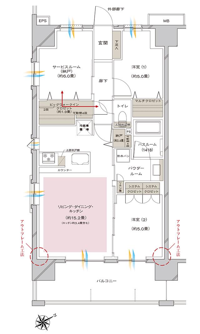 ヴェレーナシティ相模原の間取り図　D：2LDK+S(納戸)+BW+N