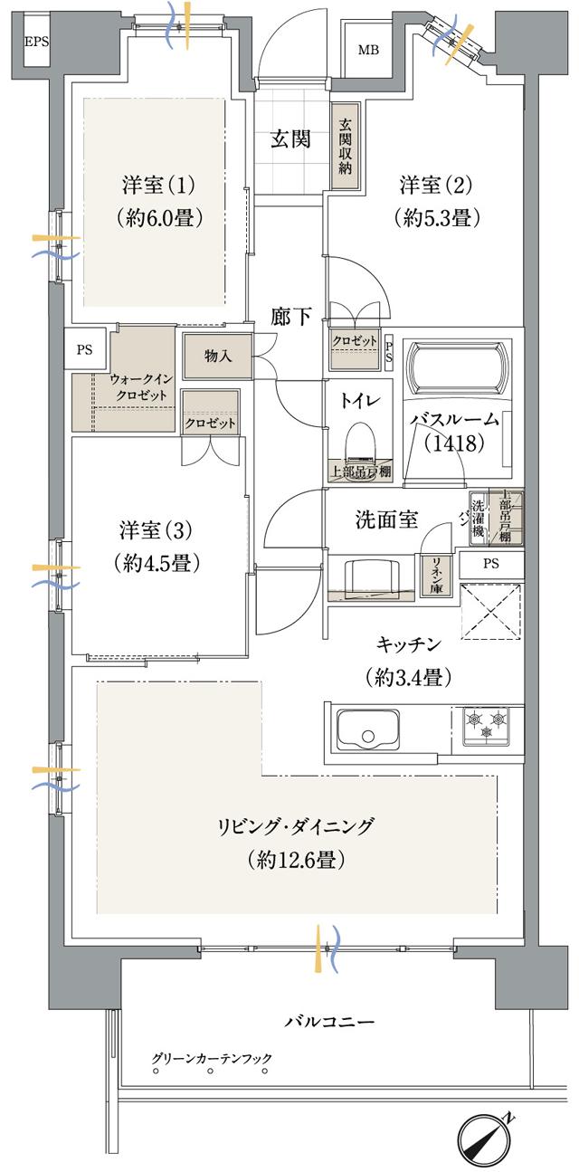 ザ・ライオンズ妙典の間取り図　E：3LDK+WIC