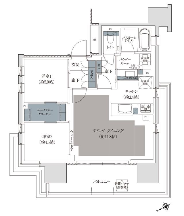 プレミスト立川の間取り図　A：2LDK+WTC