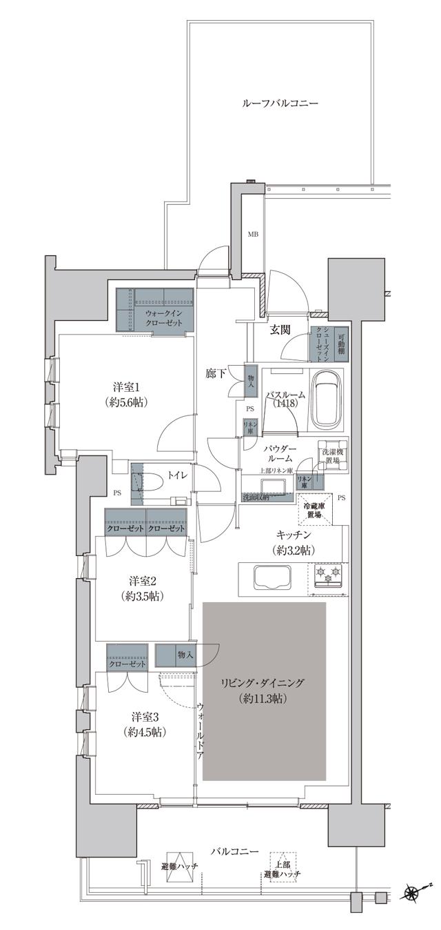 プレミスト立川の間取り図　B2：3LDK+WIC+SIC