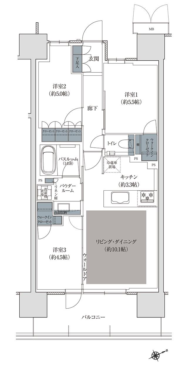 プレミスト立川の間取り図　F：3LDK+2WIC