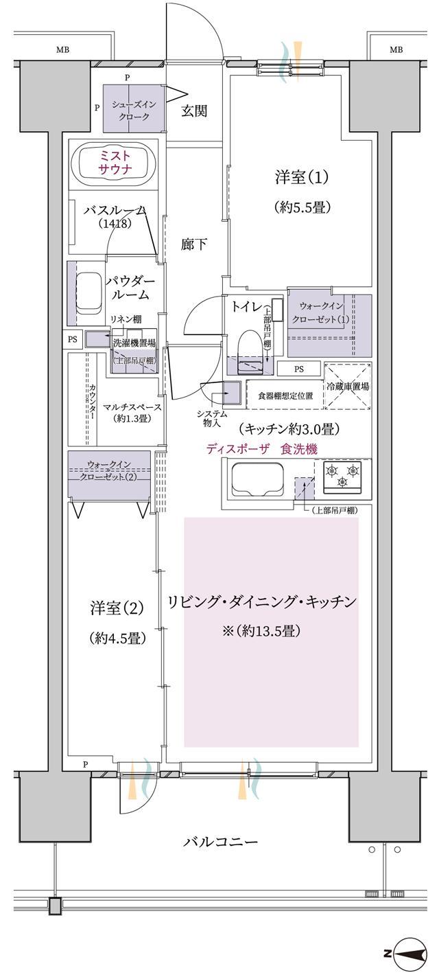 エクセレントシティ橋本の間取り図　D2：2LDK+MS+2WIC+SIC