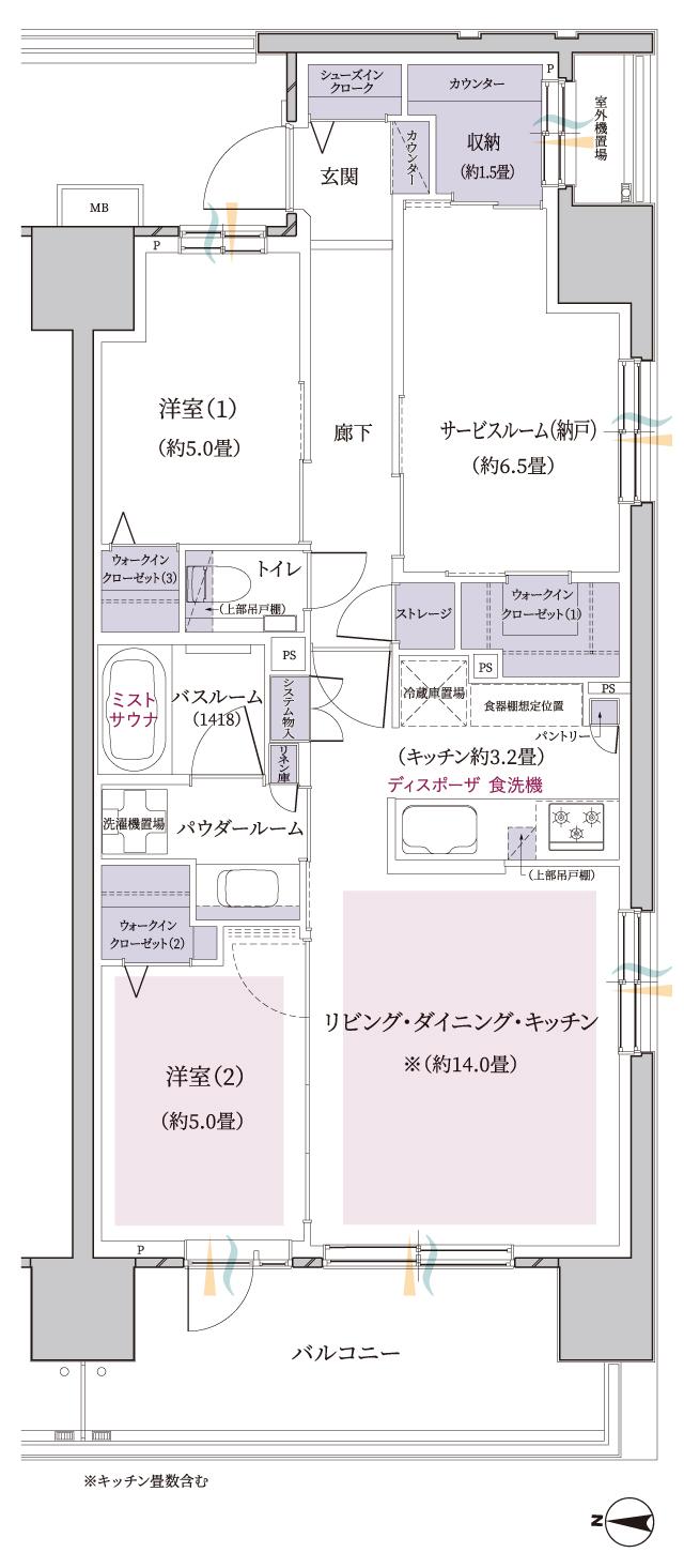 エクセレントシティ橋本の間取り図　E(2～12F)：2LDK+S+ST+3WIC+SIC+収納