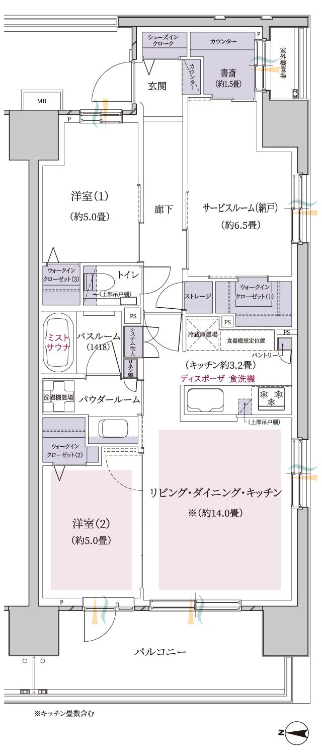 エクセレントシティ橋本の間取り図　E(13F)：2LDK+S+ST+3WIC+SIC+書斎