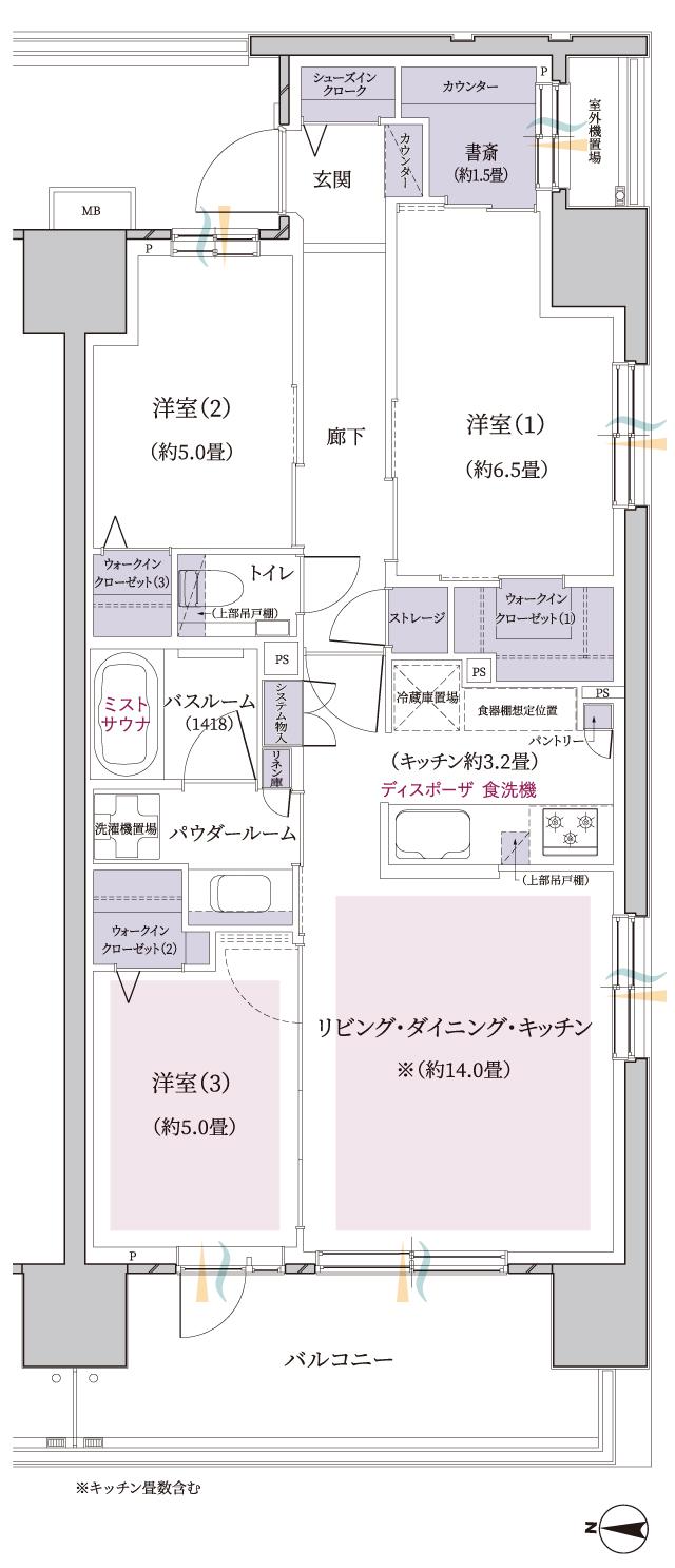エクセレントシティ橋本の間取り図　E(14・15F)：3LDK+ST+3WIC+SIC+書斎