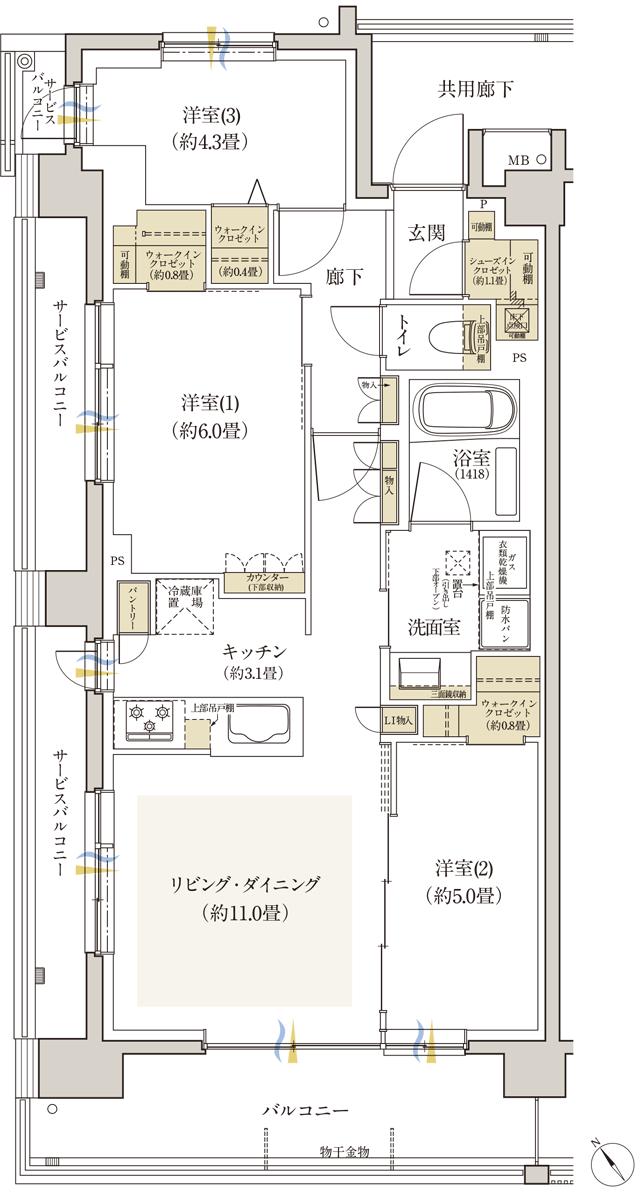 リビオ浦安ザ・プレイスの間取り図　G：3LDK+3WIC+SIC