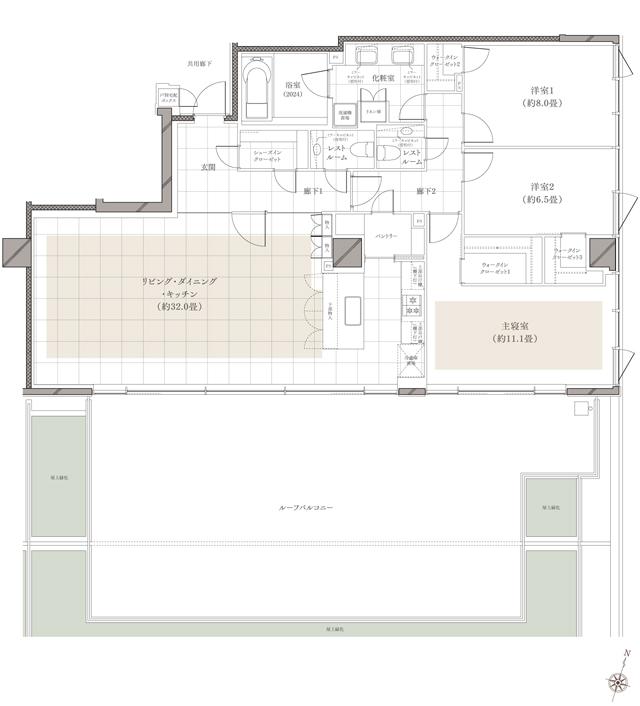 ディアナガーデン柿の木坂の間取り図　L：3LDK+3WIC+SIC+P