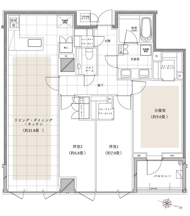 ディアナガーデン柿の木坂の間取り図　F：3LDK+2WIC+SIC