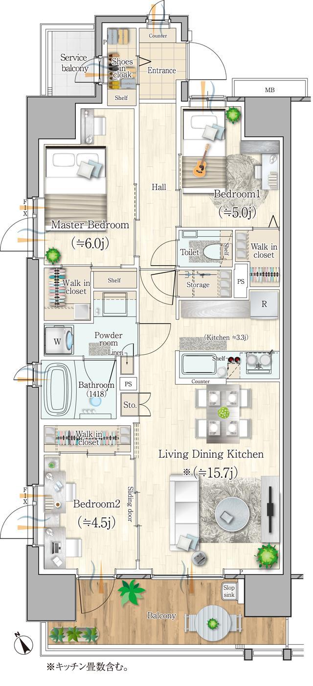 エクセレントシティ立川 THE GRANの間取り図　A：3LDK+3WIC+ST+SIC