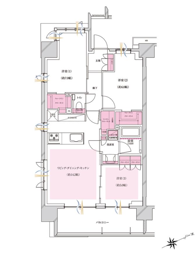 プレシス立川パークフロントの間取り図　A：3LDK+FC+2WIC