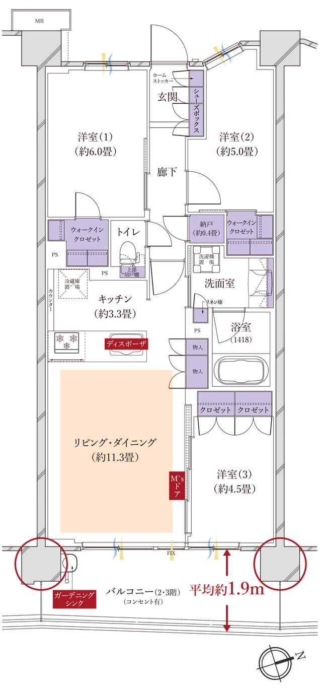 メイツ船橋行田公園の間取り図　E：3LDK+N+2WIC