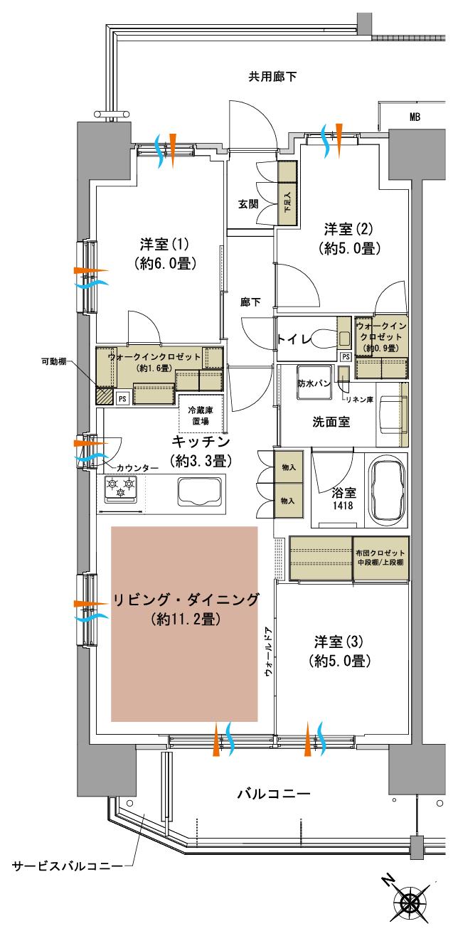 サンリヤン柏 レジデンスの間取り図　A：3LDK+2WIC