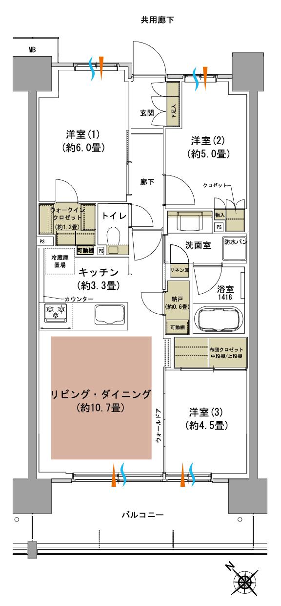 サンリヤン柏 レジデンスの間取り図　D：3LDK+WIC+N