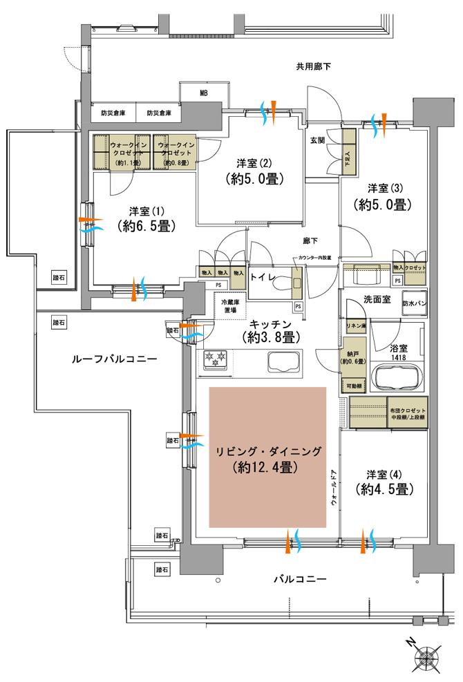 サンリヤン柏 レジデンスの間取り図　Bsr：4LDK+2WIC+N