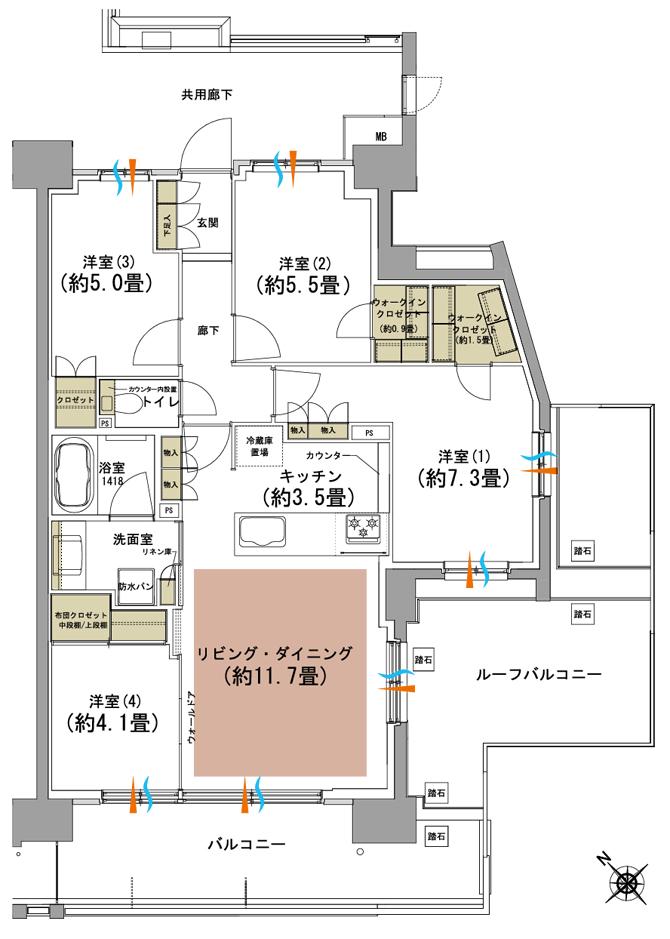 サンリヤン柏 レジデンスの間取り図　Csr：4LDK+2WIC