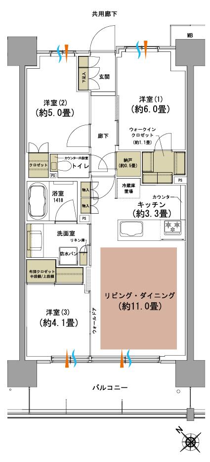 サンリヤン柏 レジデンスの間取り図　C：3LDK+WIC+N