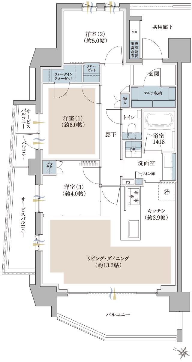 ANESIA THE CENTRAL（アネシア ザ・セントラル）の間取り図　A：3LDK+マルチ収納+WIC