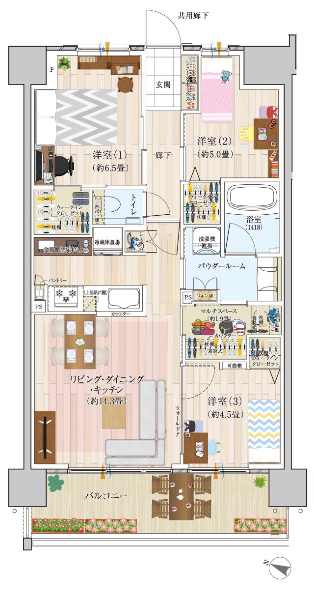 エクセレントシティ瑞江ザ・テラスの間取り図　D：3LDK+3WIC+MS