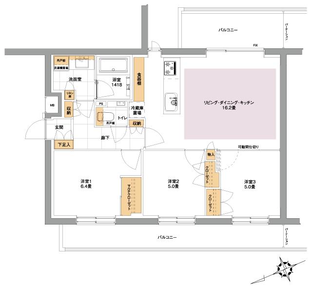 バースシティ・ザ・マーク溝の口の間取り図　D：3LDK