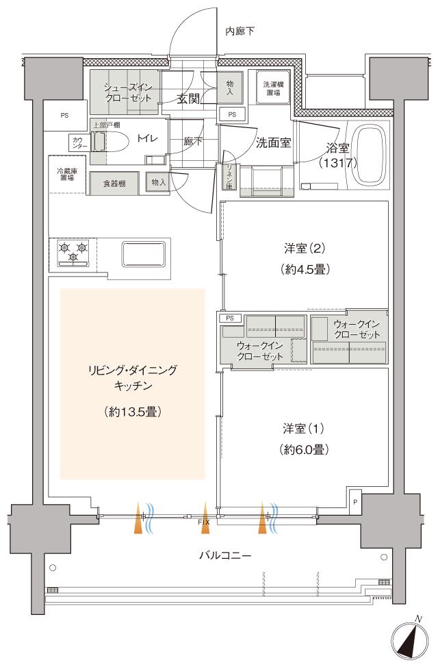 ルフォンリブレ板橋本町の間取り図　H：2LDK+2WIC+SIC
